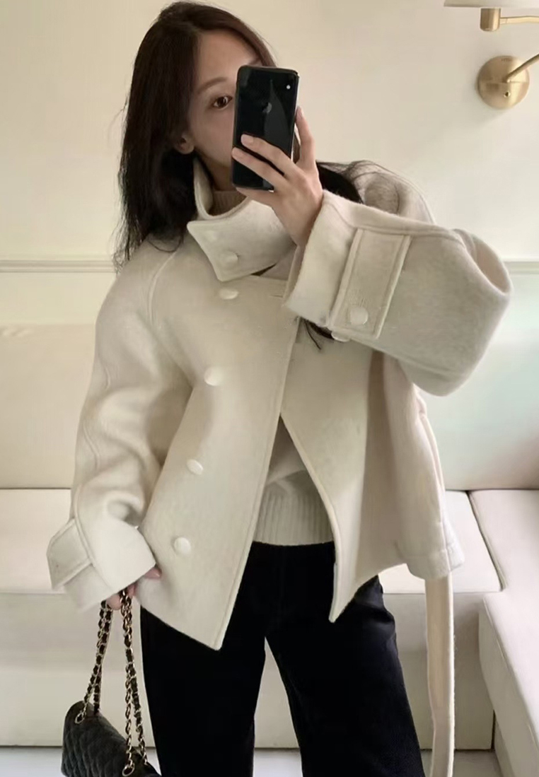 New French style warm stand collar solid color coat CA25102008BK