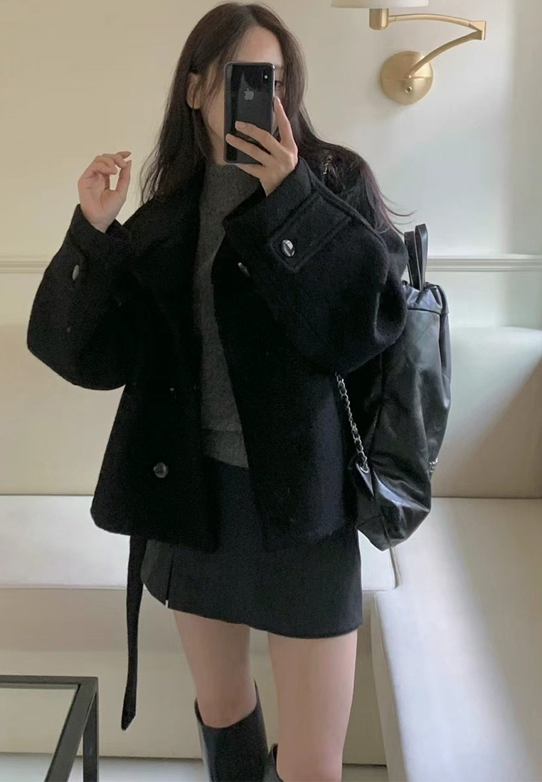 New French style warm stand collar solid color coat CA25102008BK