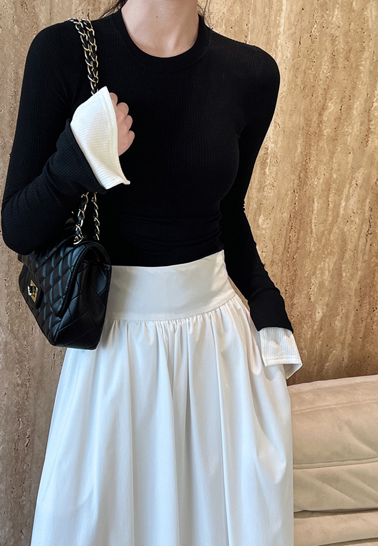 Classic patchwork flared sleeve knit sweater CA24092349GY