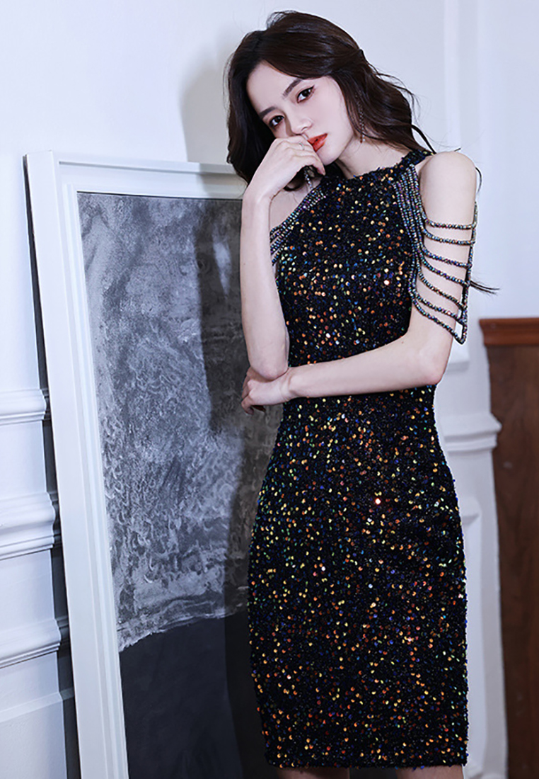 Fashionable Sexy Crystal Sequin Fringe Dress CA081626BK