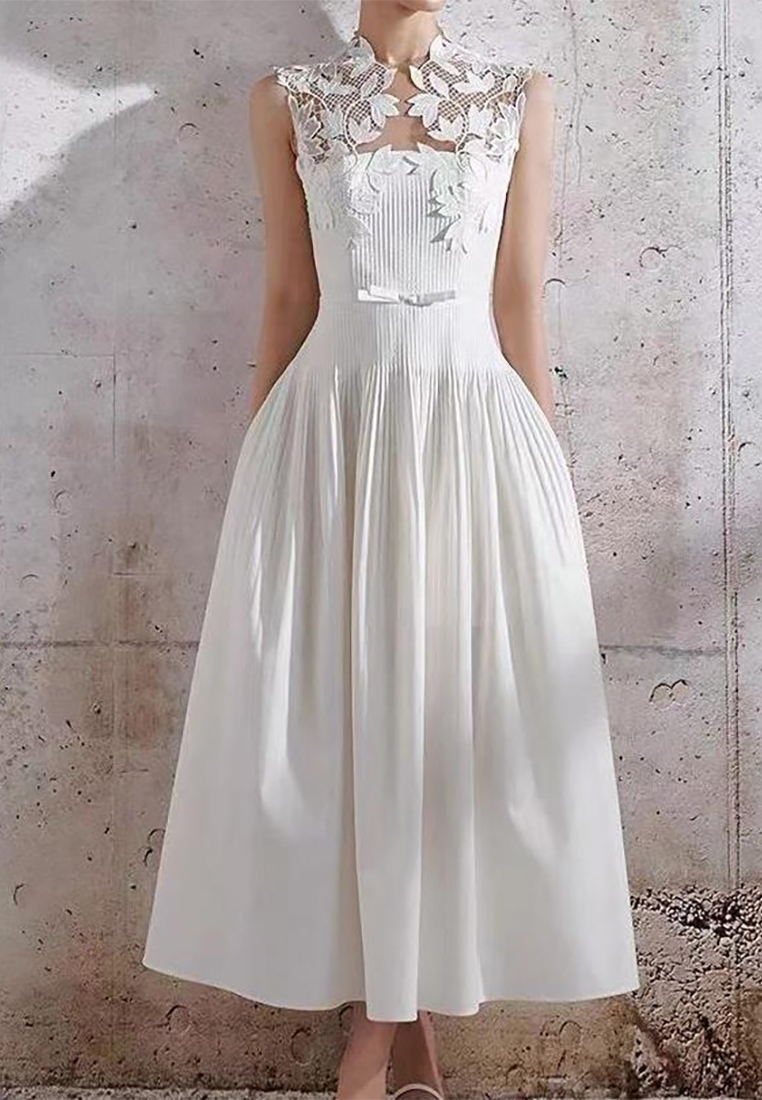 White lace patchwork long skirt with large hem formal dress CA4021913W