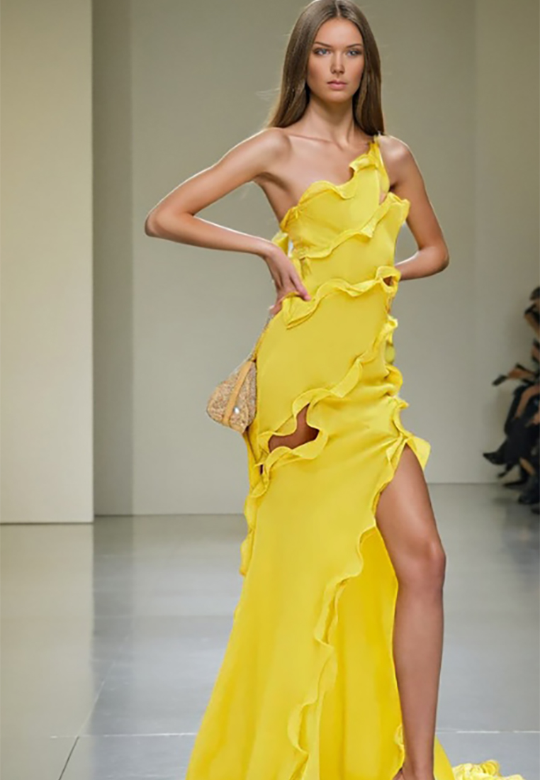 Sleeveless yellow patchwork slit dress CA242111903YE