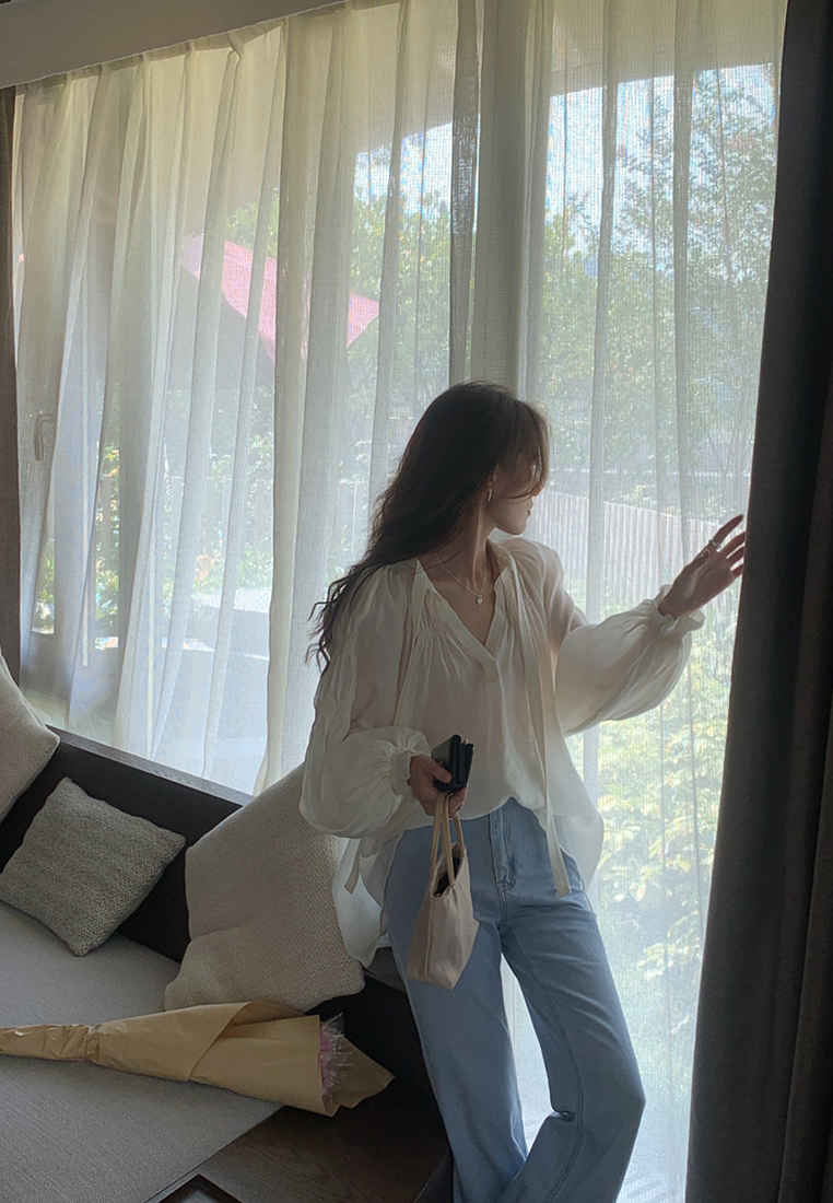 French ribbon V-neck long sleeved top CA24092511GR