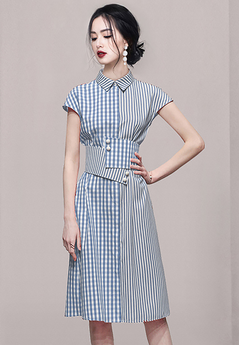 New plaid spliced waistband waist cinching dress CA250325306BL