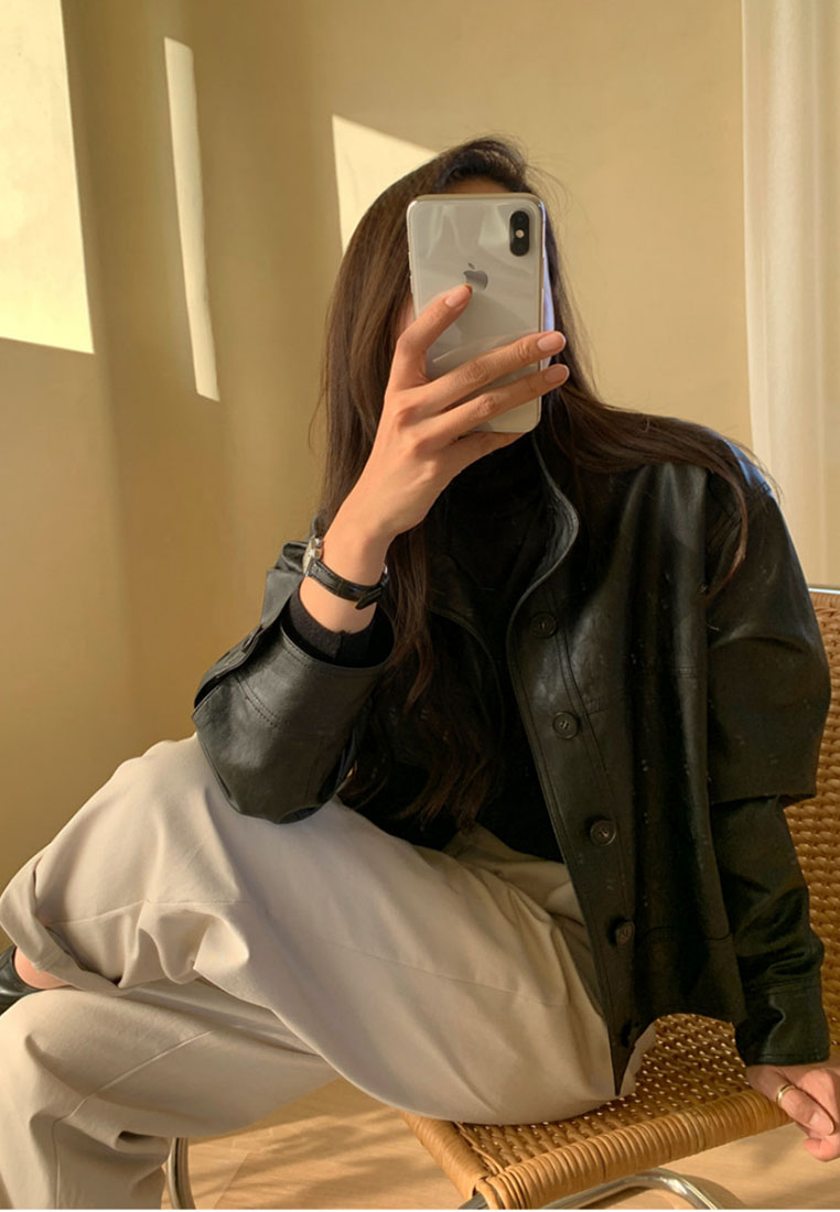 Single breasted loose leather jacket, casual cardigan jacket CA24092724BK