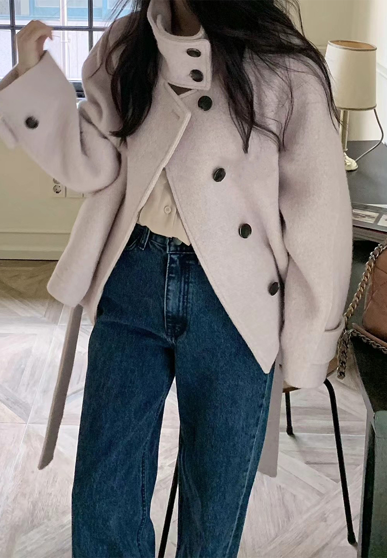 New French style warm stand collar solid color coat CA25102008BK