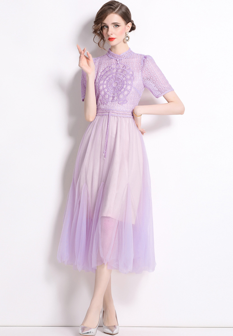 French Vintage Mature Short Sleeve Round Neck Lace Dress CA0613100BE