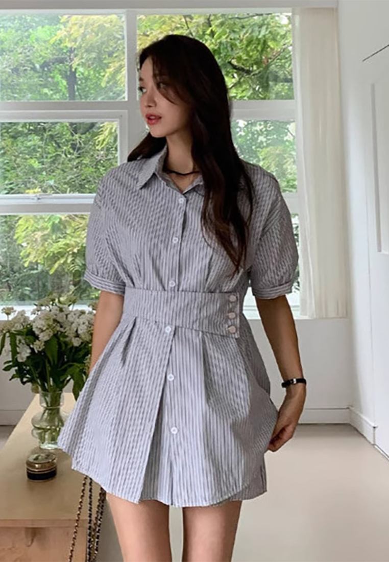 Korean chic striped short-sleeved shirt + wide-leg shorts set CA25060330BL