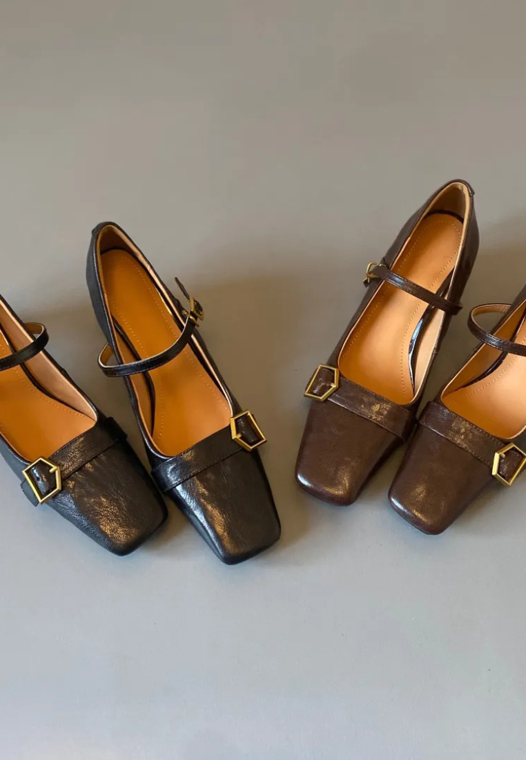 Leather buckle chunky heel Mary Jane shoes square toe high heels CA25112810BK