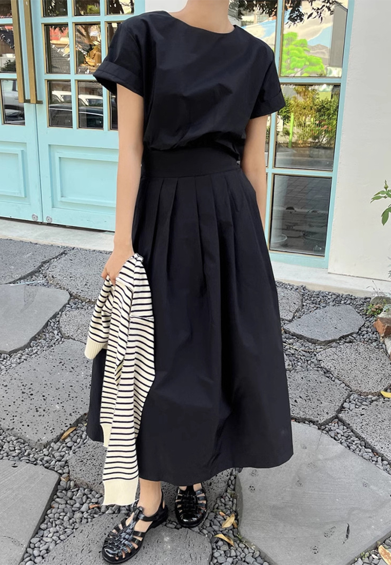 Round neck waist cinching slimming short sleeved dress CA225042249BK