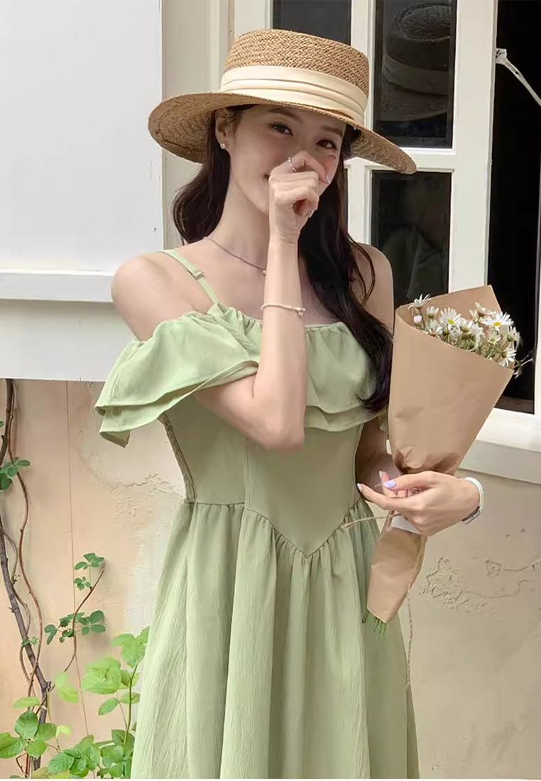 Summer temperament ruffle waist suspender dress CA25060351GR