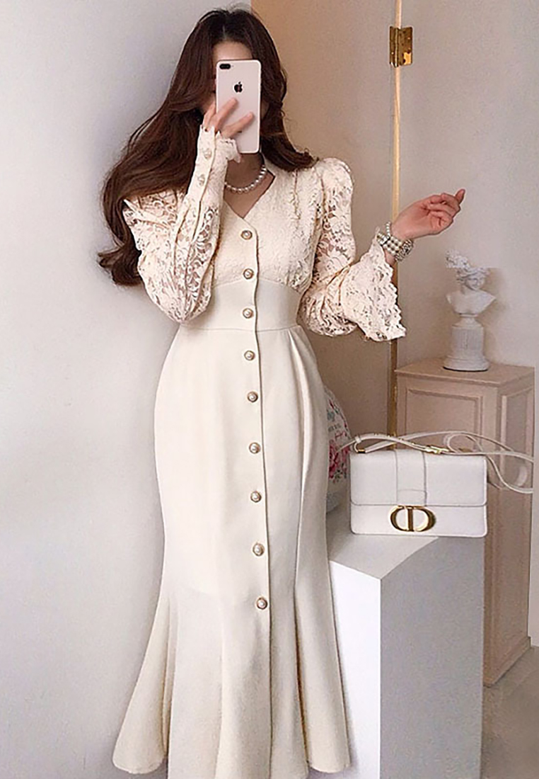 Lace single breasted waist cinching dress CA241128112BE