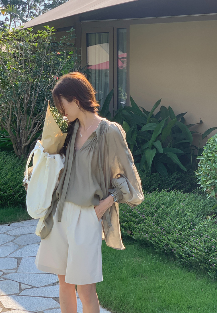 French ribbon V-neck long sleeved top CA24092511GR