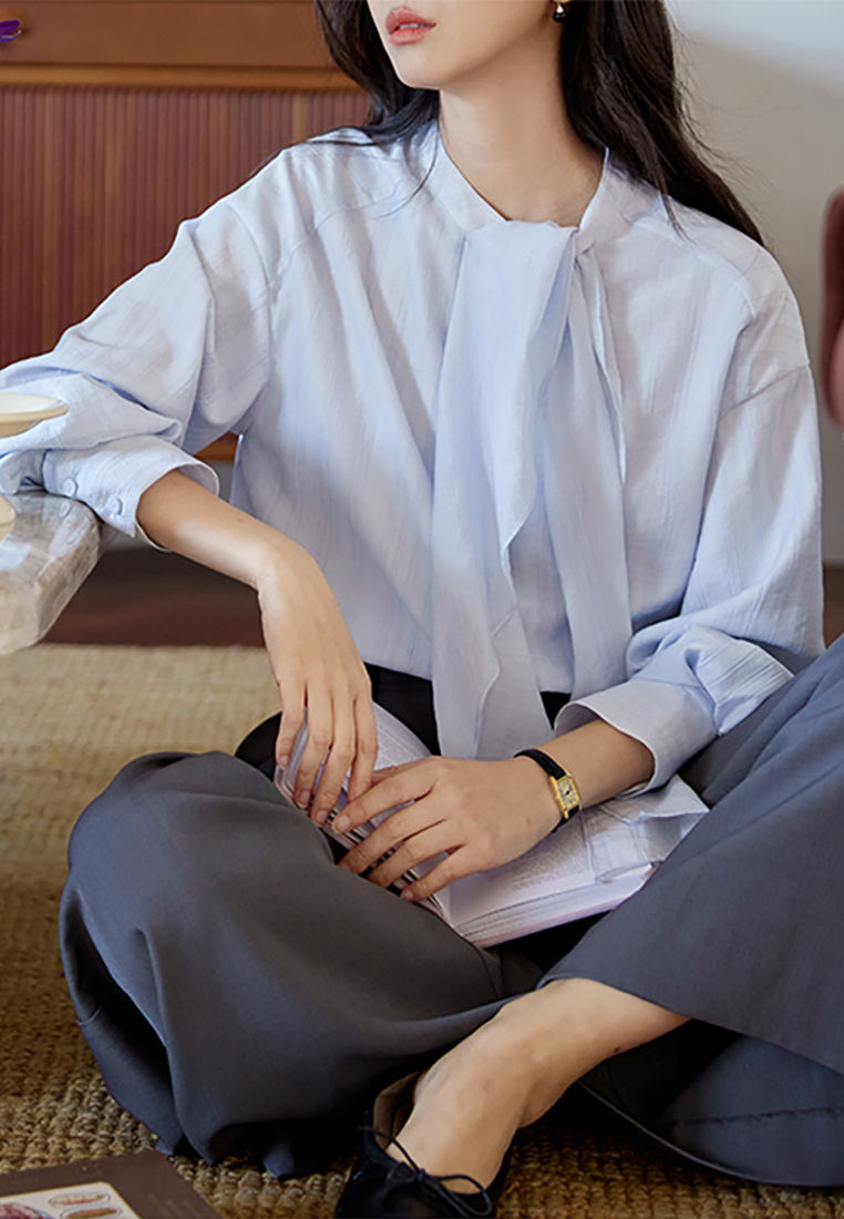 Blue ribbon striped long sleeved Tencel top CA25091403BL