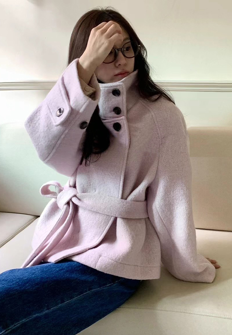 New French style warm stand collar solid color coat CA25102008BK