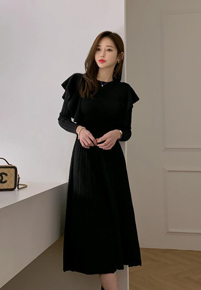 French style waist cinched pleated knitted dress CA241128155BK