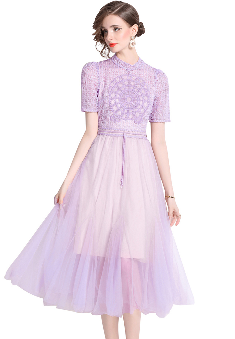 French Vintage Mature Short Sleeve Round Neck Lace Dress CA0613100BE