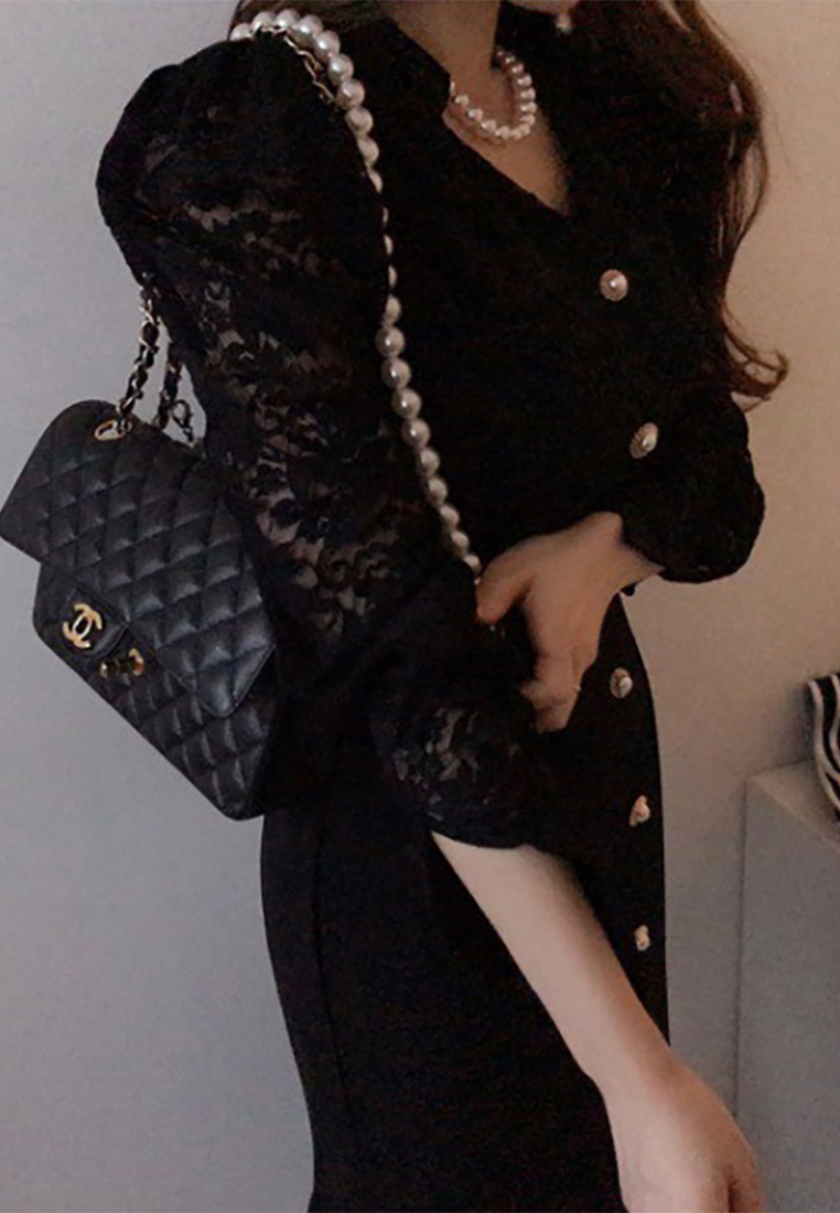 Lace single breasted waist cinching dress CA241128112BE