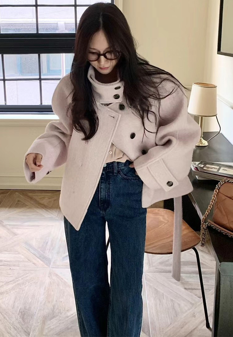 New French style warm stand collar solid color coat CA25102008BK