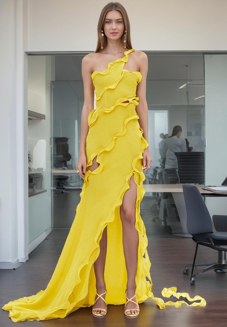 Sleeveless yellow patchwork slit dress CA242111903YE