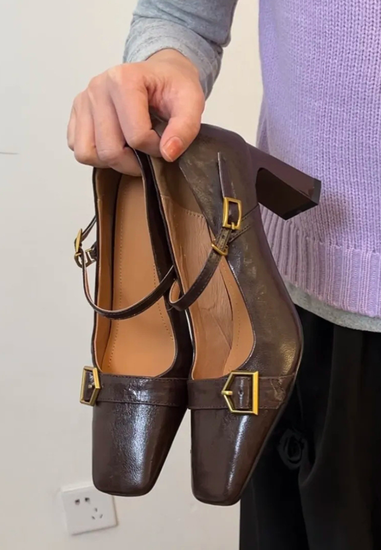 Leather buckle chunky heel Mary Jane shoes square toe high heels CA25112810BK