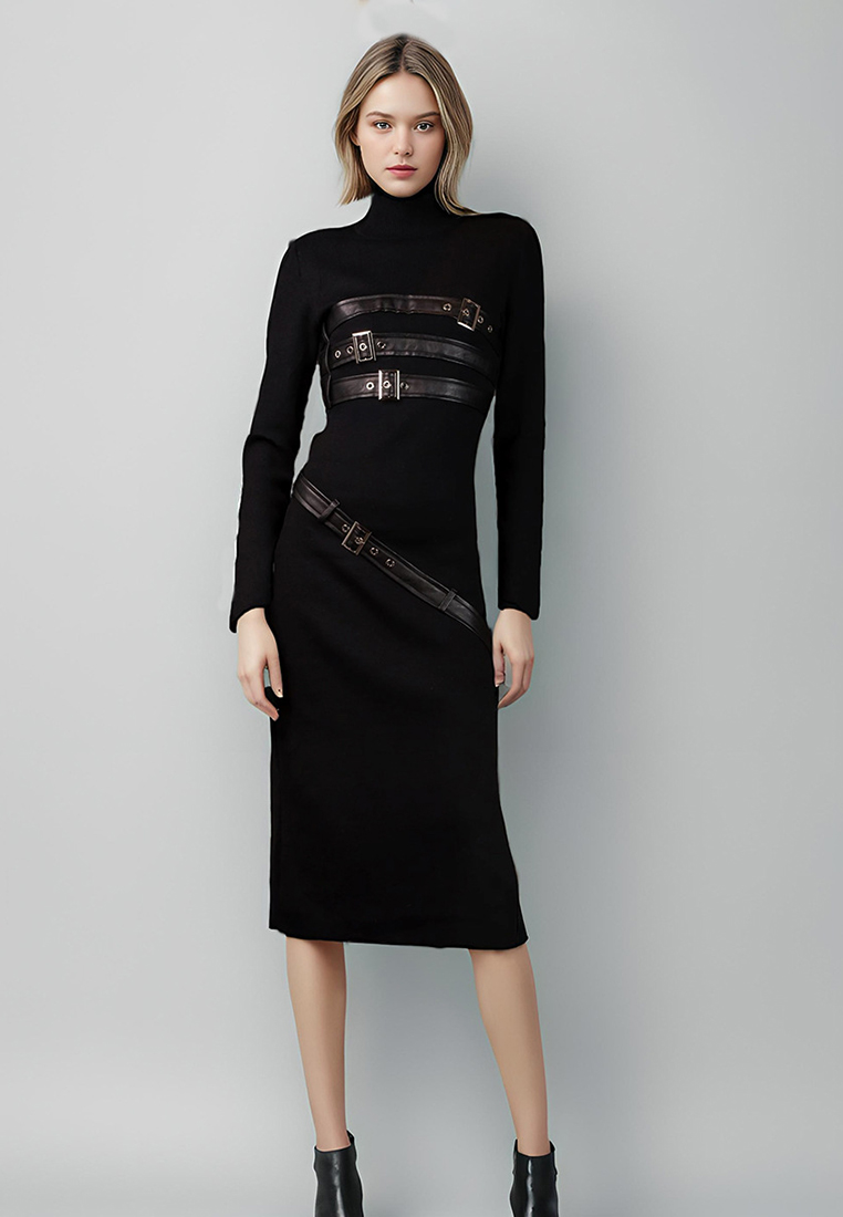 New round neck slim fit long sleeved dress CA242111914BK