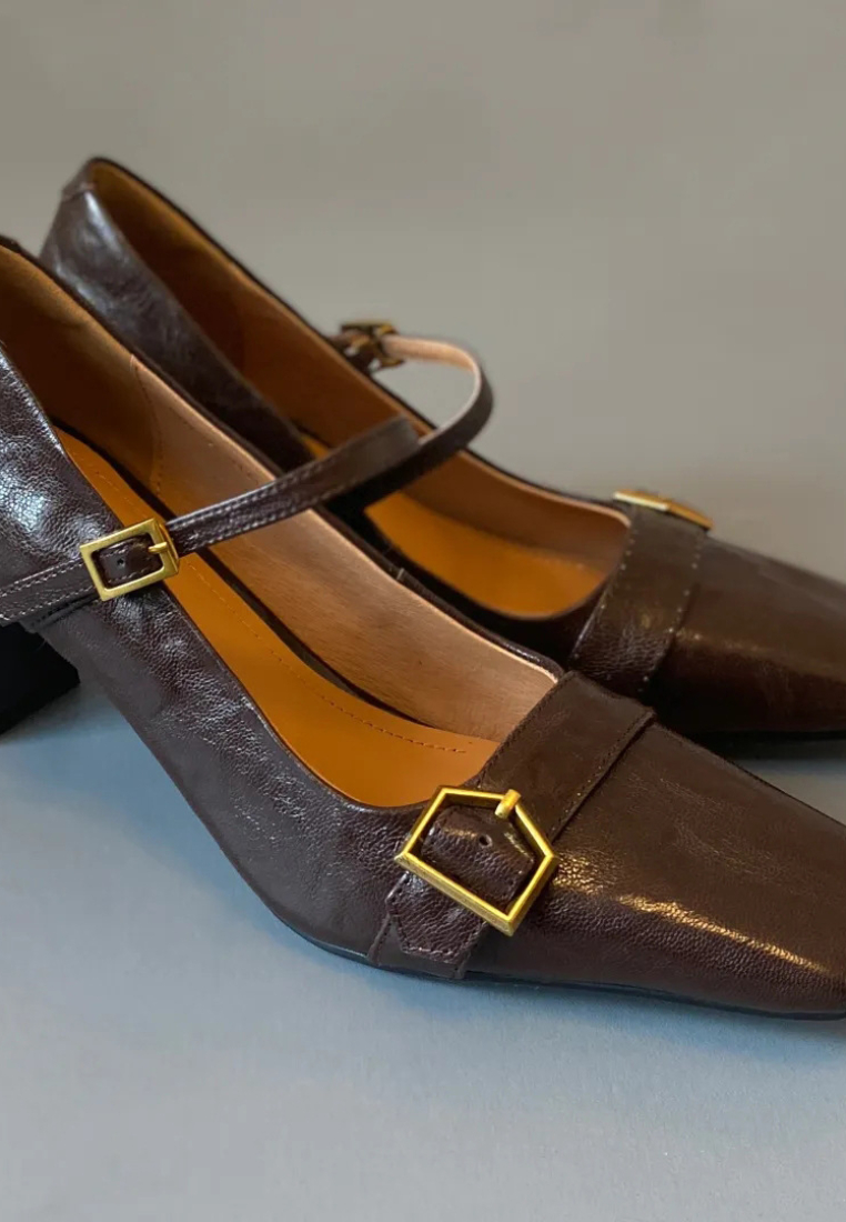 Leather buckle chunky heel Mary Jane shoes square toe high heels CA25112810BK