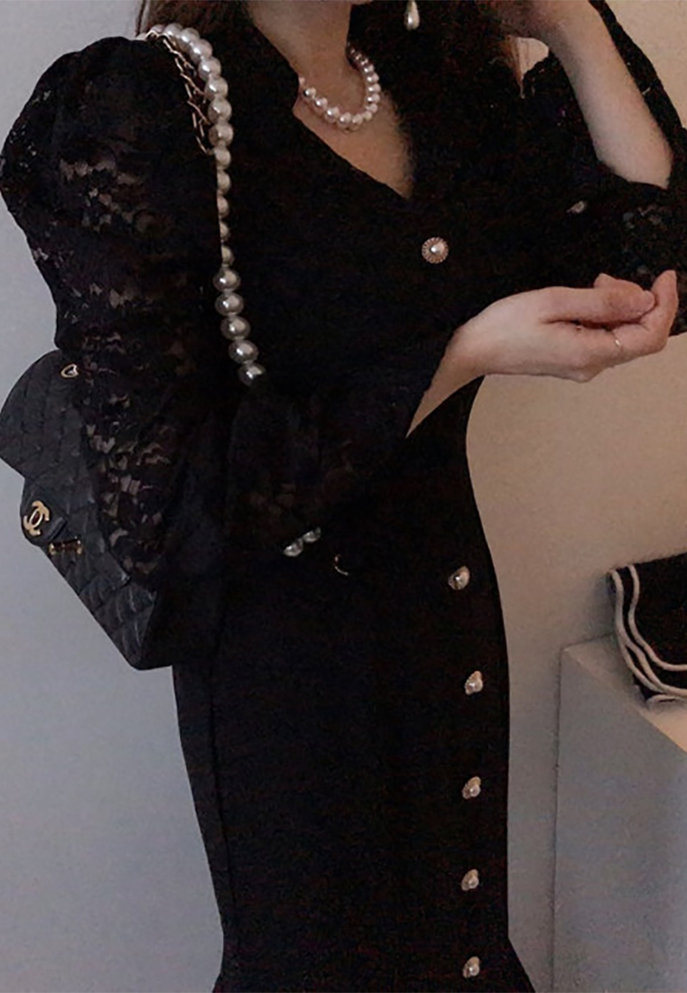 Lace single breasted waist cinching dress CA241128112BE