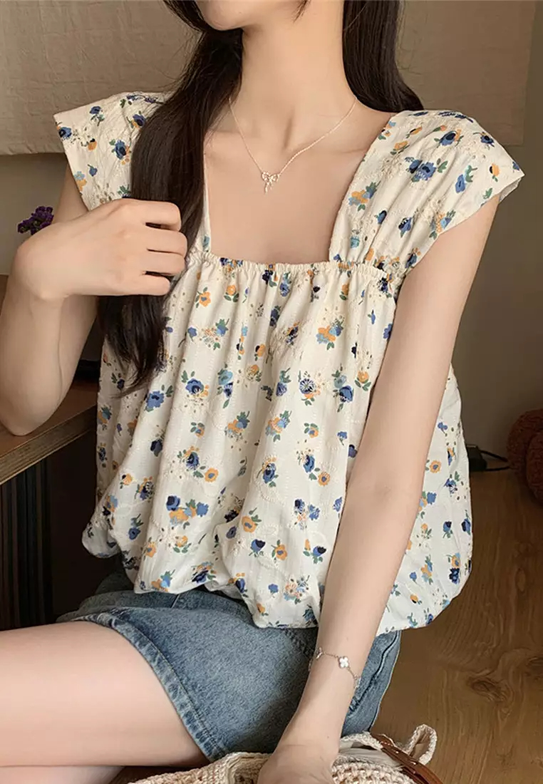 Sleeveless square neck floral vest women's loose top CA24050628BL-sunnydaysweety