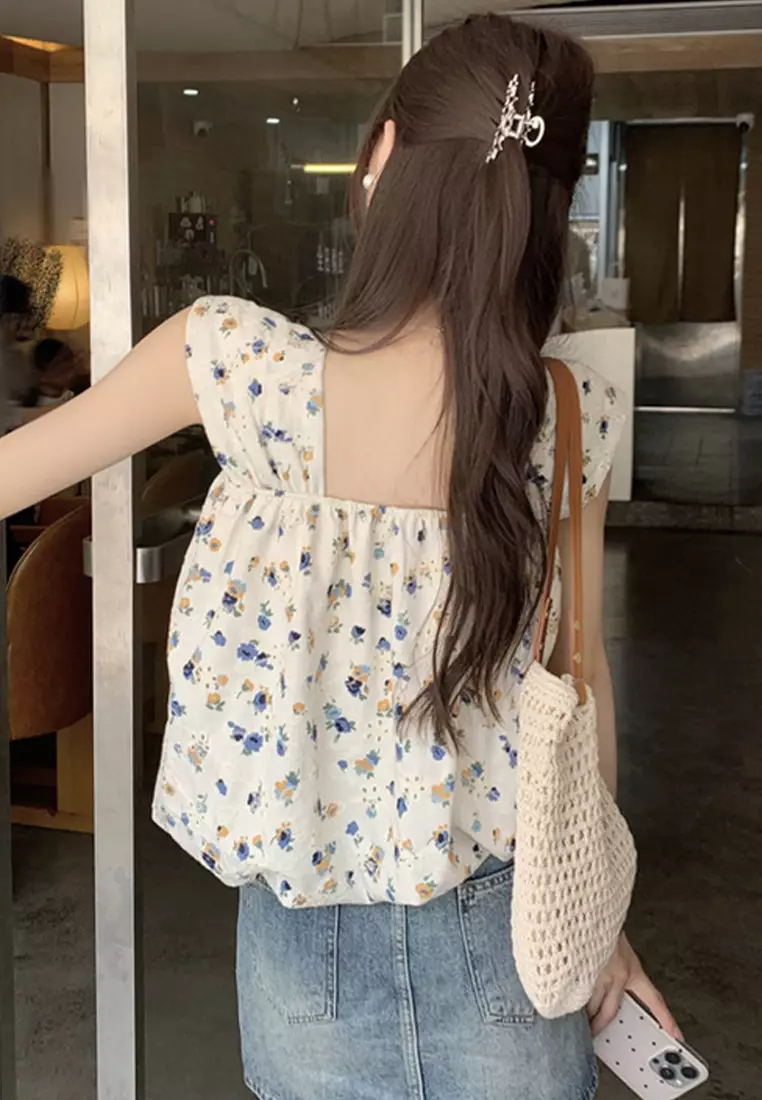 Sleeveless square neck floral vest women's loose top CA24050628BL-sunnydaysweety