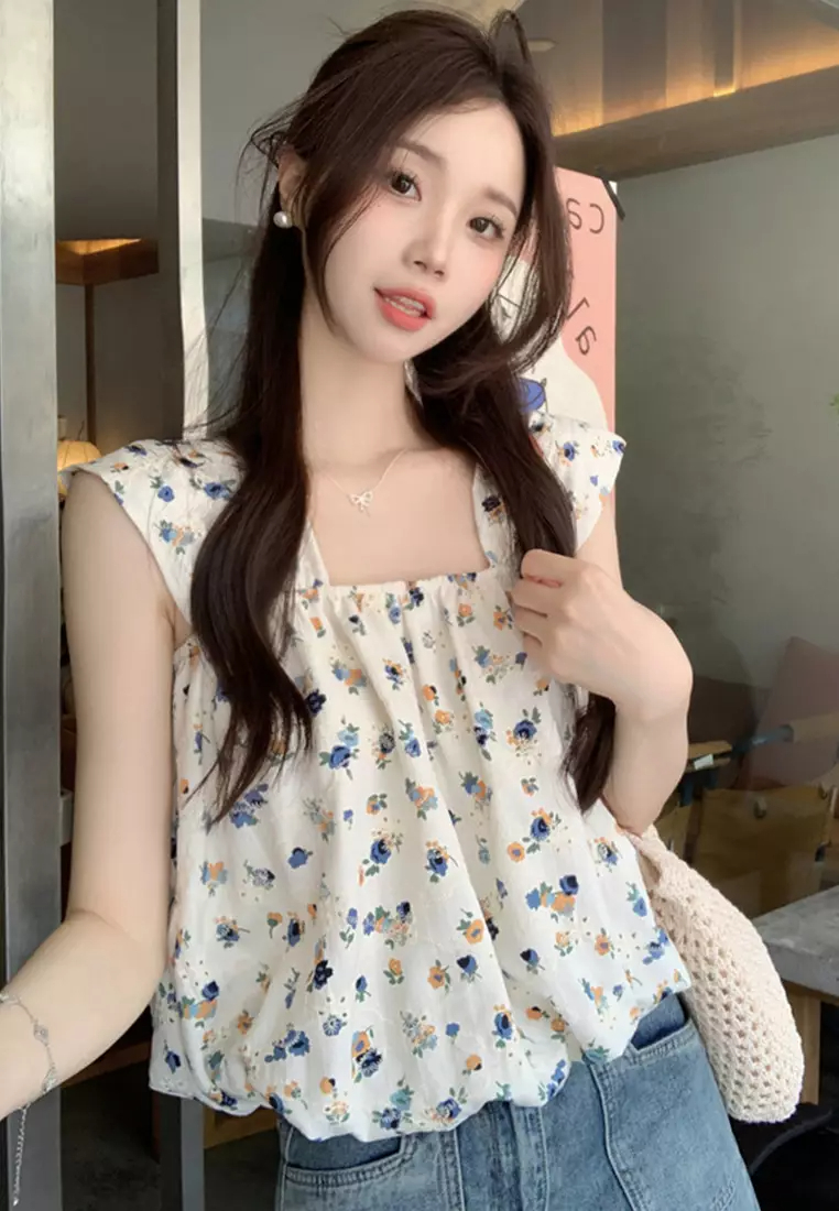 Sleeveless square neck floral vest women's loose top CA24050628BL-sunnydaysweety