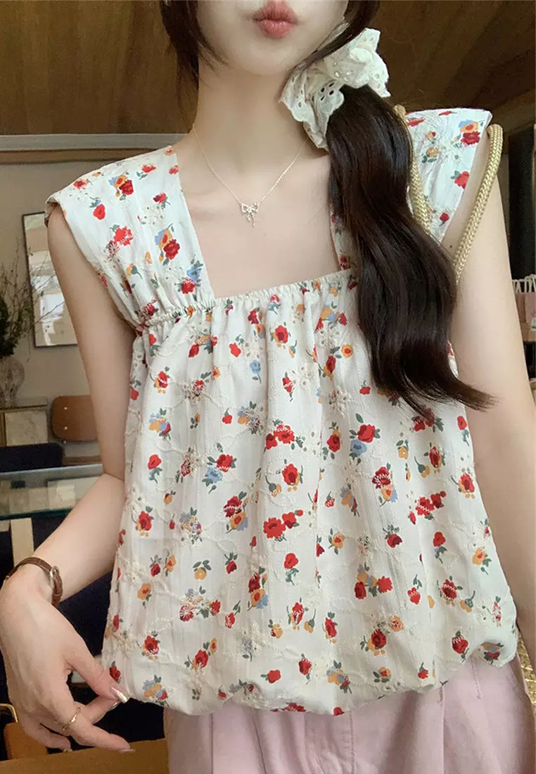 Sleeveless square neck floral vest women's loose top CA24050628BL-sunnydaysweety