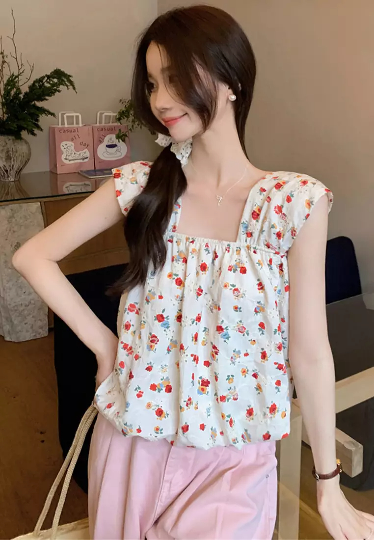 Sleeveless square neck floral vest women's loose top CA24050628BL-sunnydaysweety