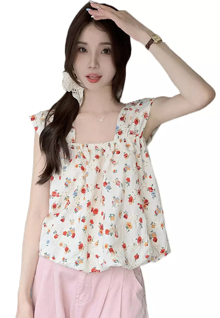 Sleeveless square neck floral vest women's loose top CA24050628BL-sunnydaysweety