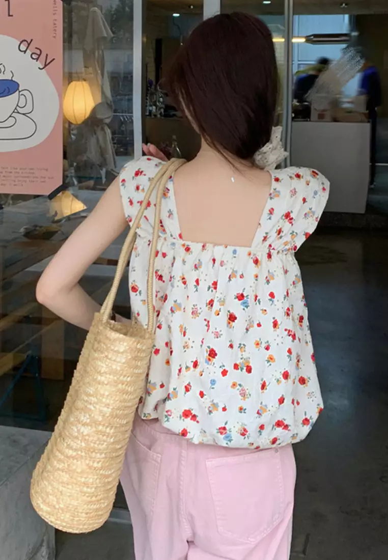 Sleeveless square neck floral vest women's loose top CA24050628BL-sunnydaysweety