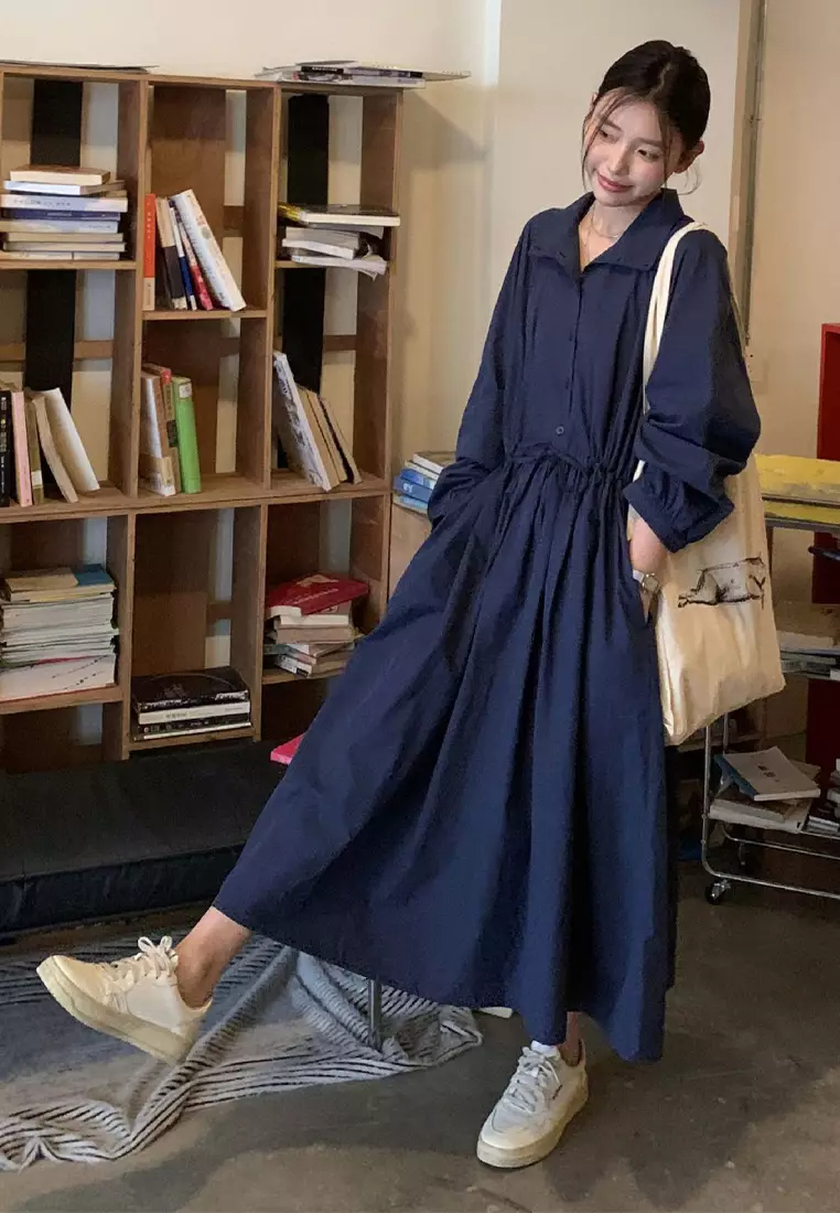 Temperament new drawstring long-sleeved shirt dress K092703-W
