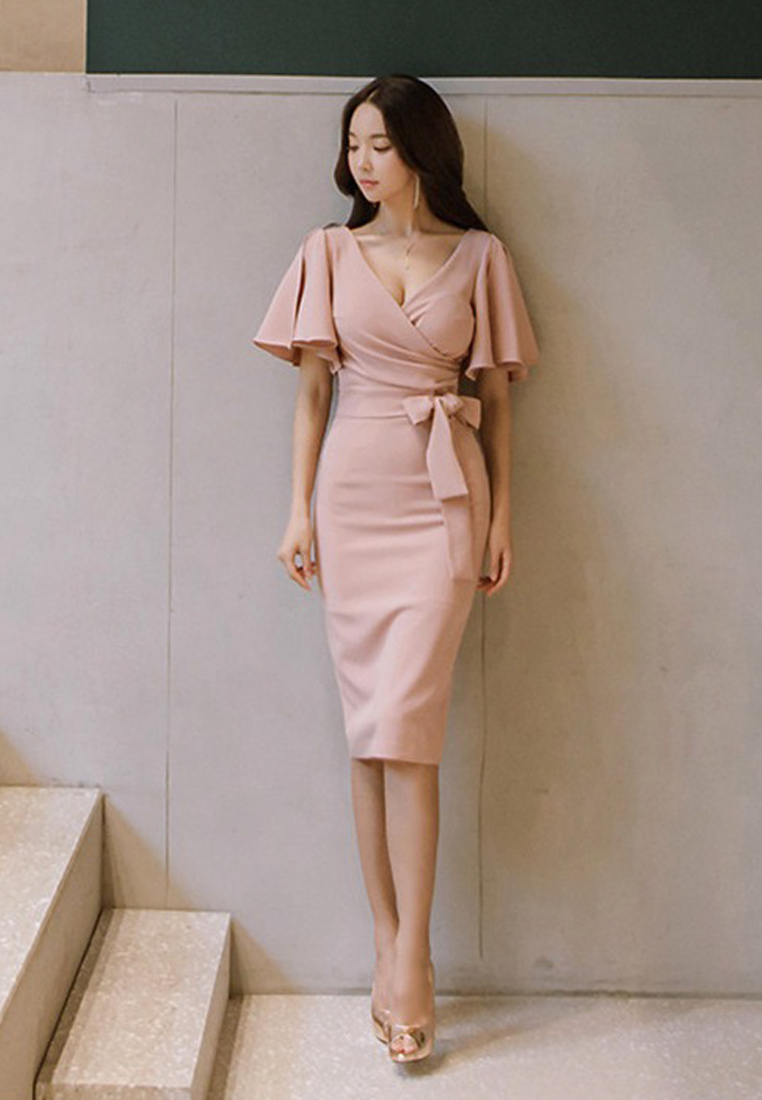 --Spring New V-neck Hem Sleeve One Piece Dress UA031998-0-L