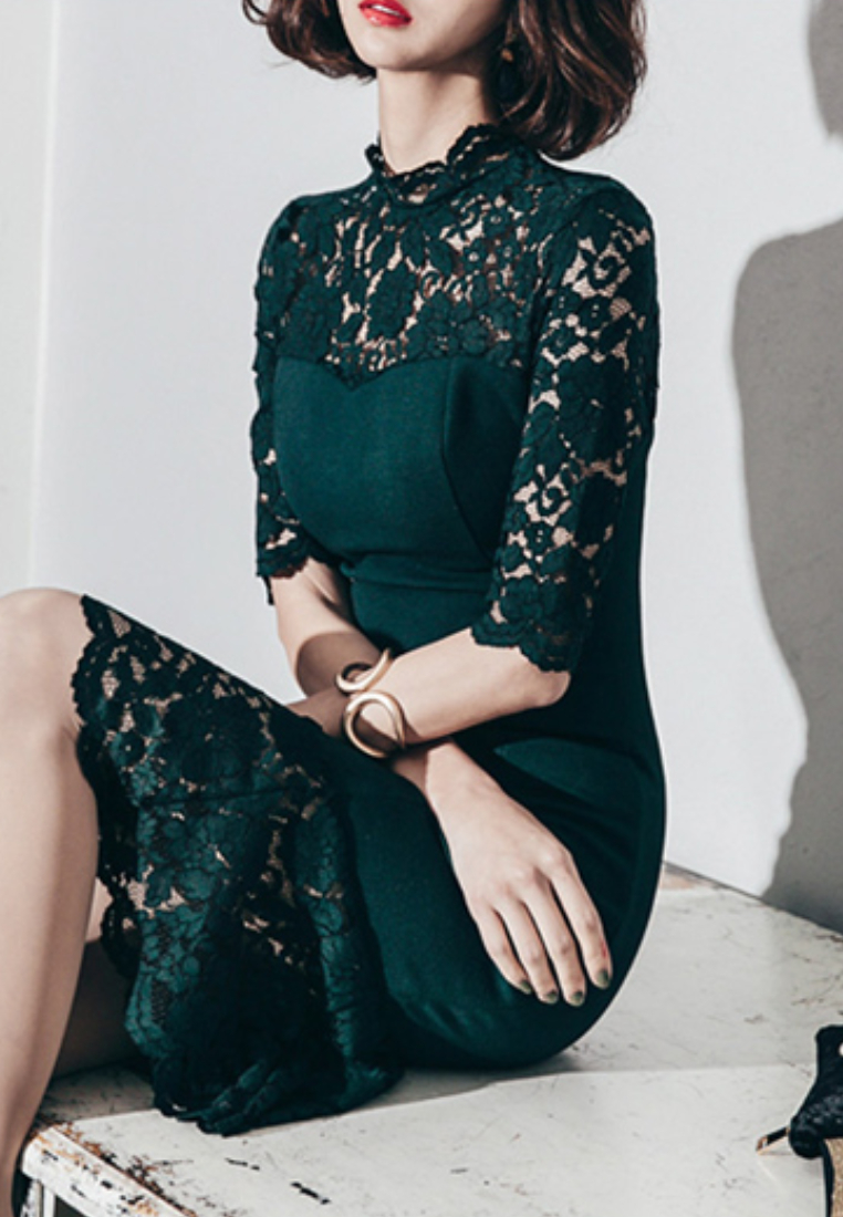 New Green Lace Half Sleeves One Piece Mini Dress UA060614-0