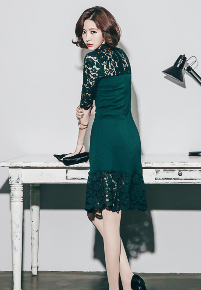 New Green Lace Half Sleeves One Piece Mini Dress UA060614-0