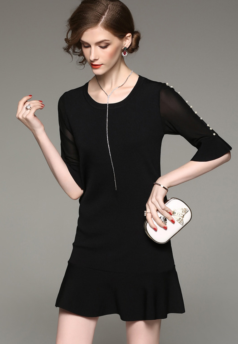 --Super Sale  Black Mid Sleeves One Piece Mini Dress UA092022BK-S