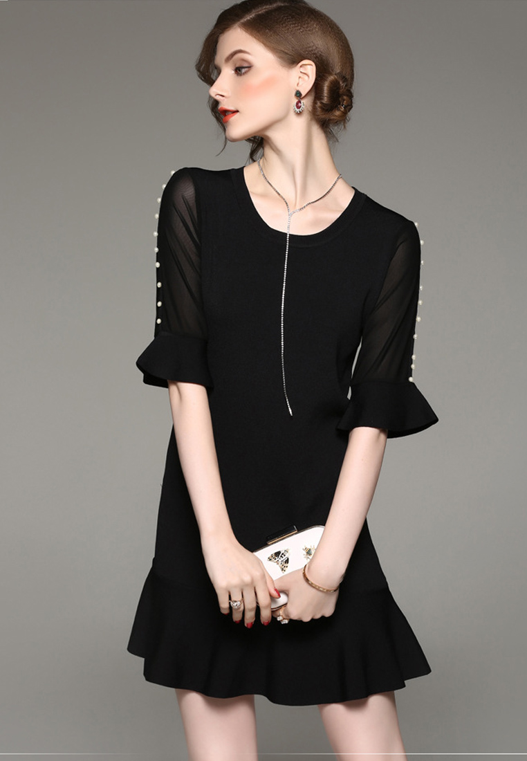 --Super Sale  Black Mid Sleeves One Piece Mini Dress UA092022BK-S