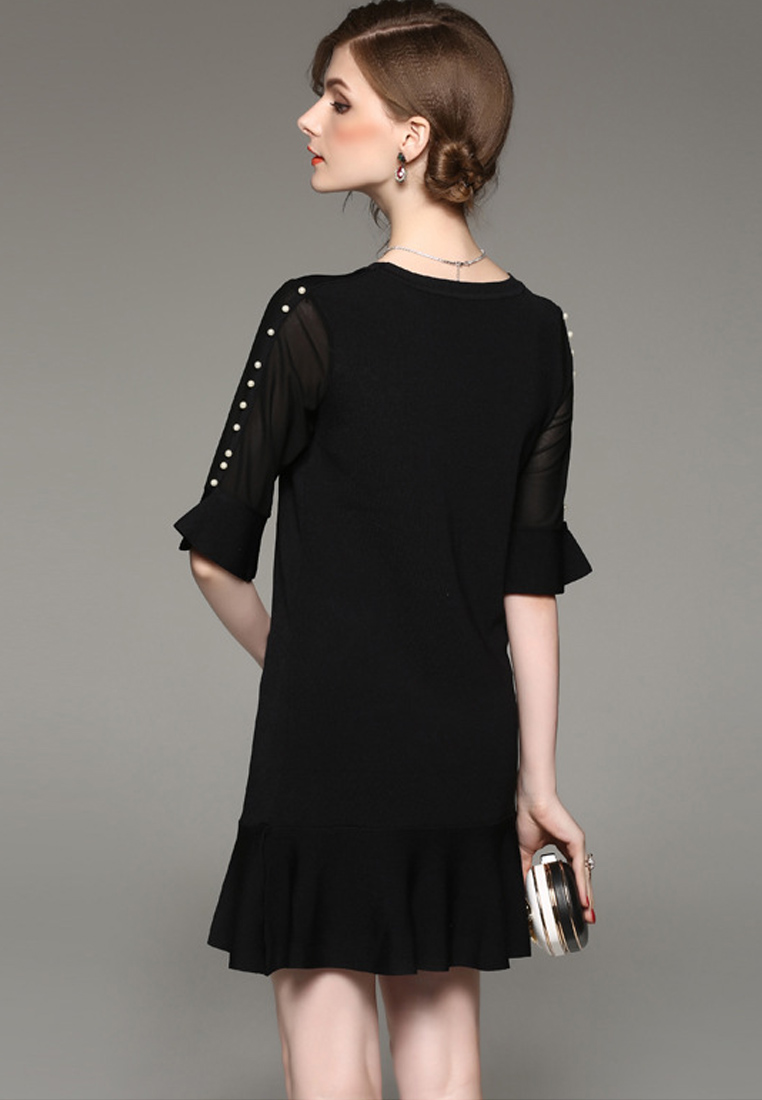 --Super Sale  Black Mid Sleeves One Piece Mini Dress UA092022BK-S