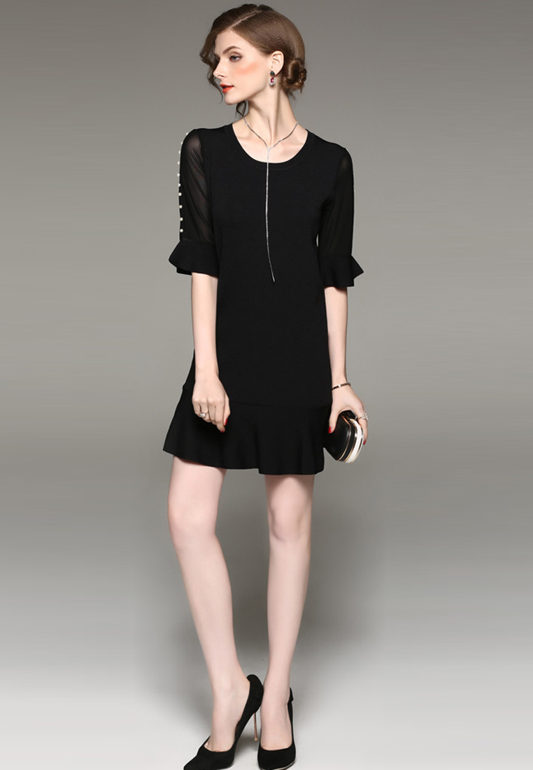 --Super Sale  Black Mid Sleeves One Piece Mini Dress UA092022BK-S