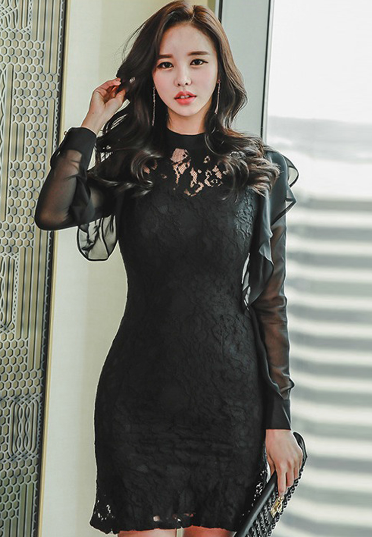 --Black Lace One Piece Dress UA101808-XS