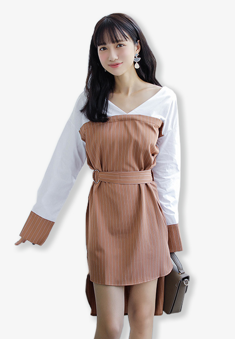 Brown Pinstripe Dip Hem One Piece Dress UA101950BW