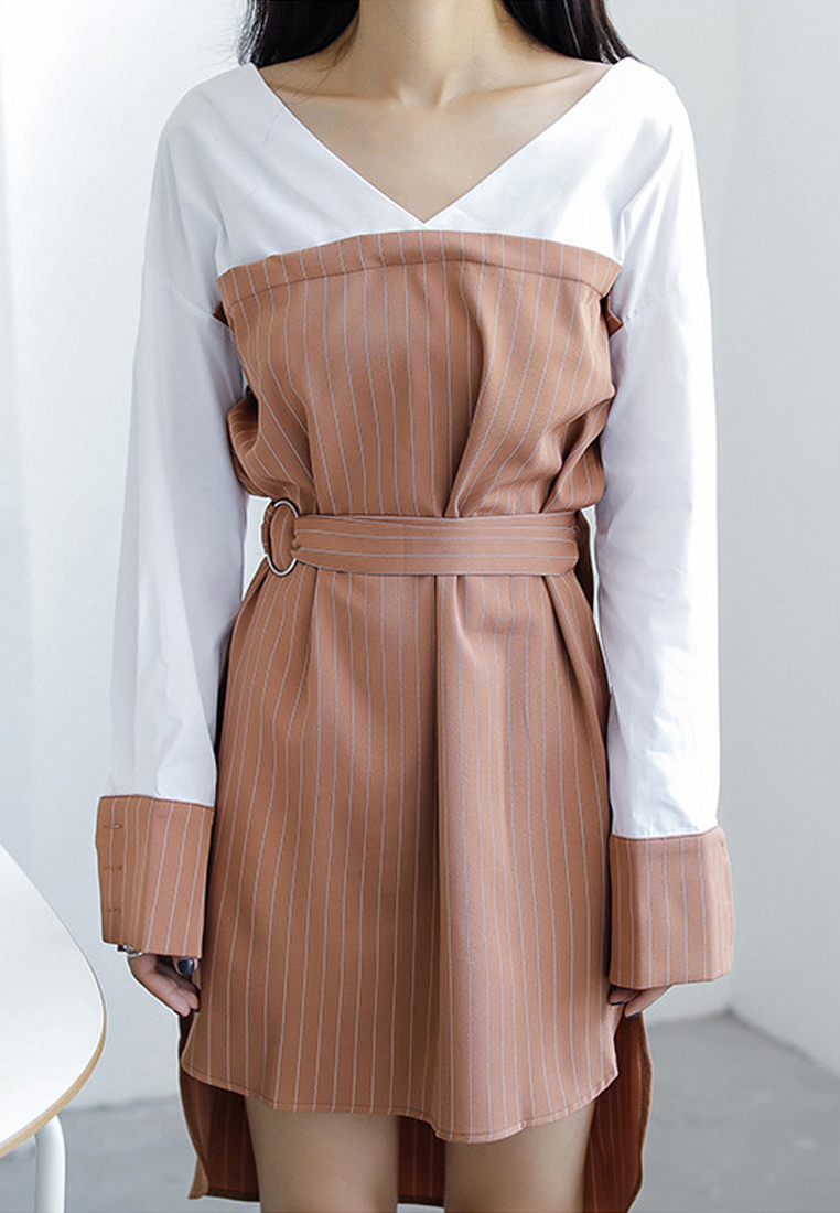 Brown Pinstripe Dip Hem One Piece Dress UA101950BW