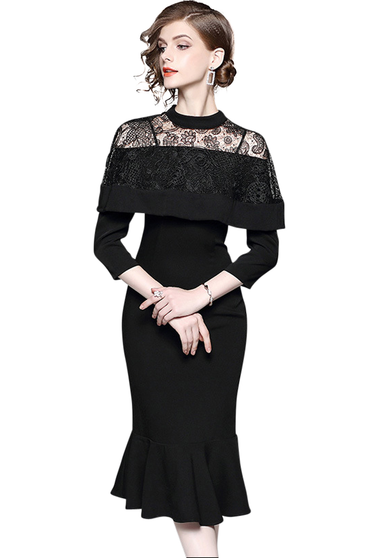 --Lace Stitching Black One Piece Dress UA120503-M