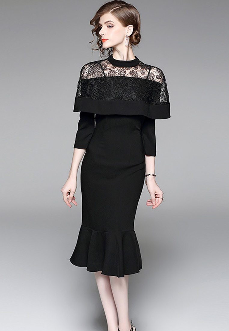 --Lace Stitching Black One Piece Dress UA120503-M