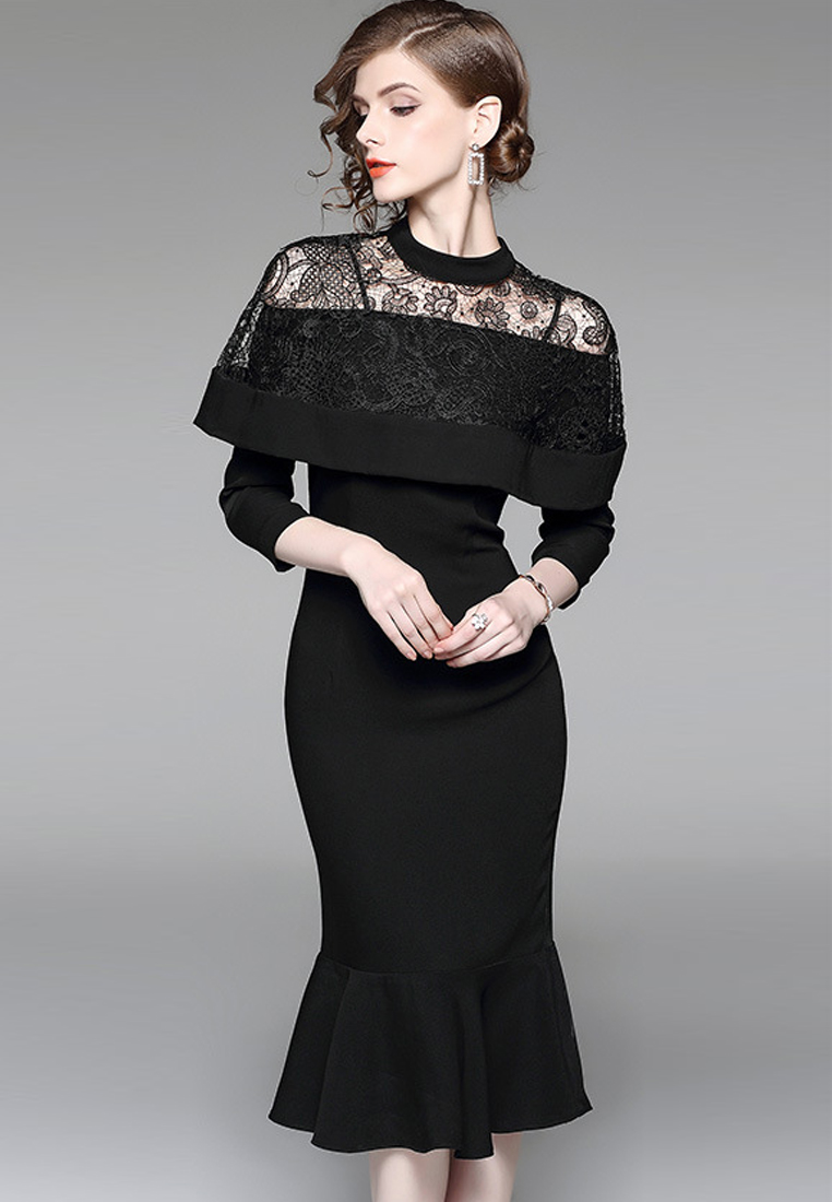 --Lace Stitching Black One Piece Dress UA120503-M