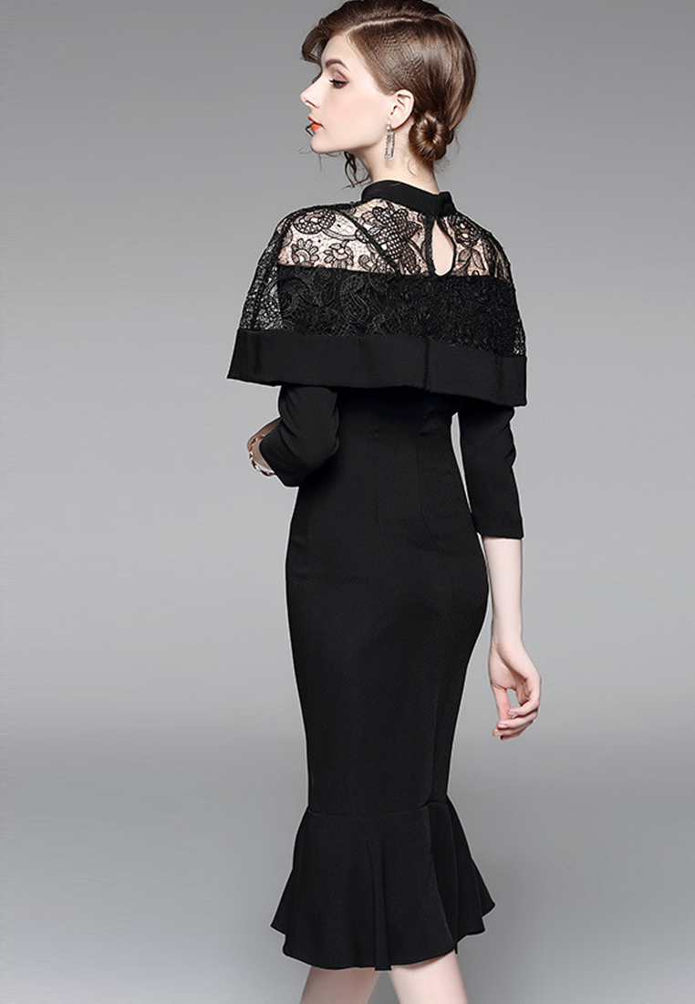 --Lace Stitching Black One Piece Dress UA120503-M